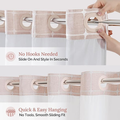 River Dream Farmhouse No Hooks Shower Curtain with Snap-in Liner,Pink,71x74 | Snap on Fabric Liner,Heavy Duty,Quick Dry,Mesh Top Window,With Bottom Magnets,Washable,with Tassels,Standard Size