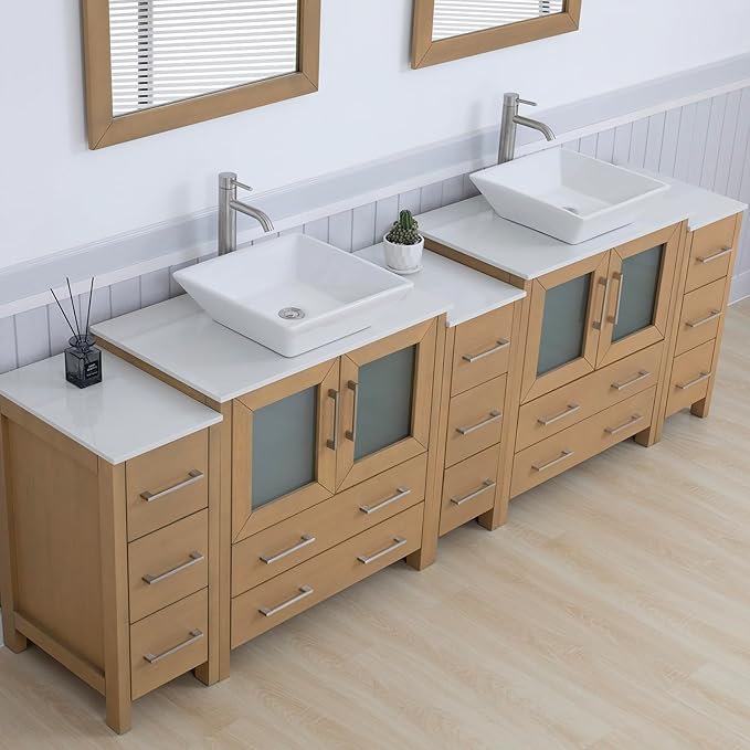 Vanity Art 96 Inch Vessel Double Sink Bathroom Vanity Cabinet with 2 Mirrors, Engineered Marble Top Bathroom Cabinet Compact Set with 13 Dovetail Drawers and Soft Closing Doors, VA3130-96NO