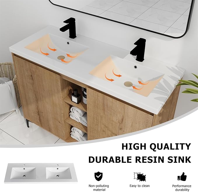 SSLine 48-Inch Bathroom Vanity with Double Sink Classic Floor Stand Bathroom Vanity with White Top Basin Double Sink Wood Bathroom Cabinet with Soft-Close Doors & Open Cubes (Imitative Oak)