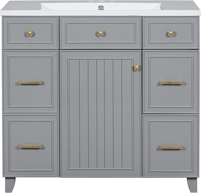 LUMISOL 36" Bathroom Vanity with Sink Top, Modern Bathroom Vanities with 3 Drawers & Cabinet, Solid Wood Bathroom Cabinet with Undermount Basin Sink, Grey