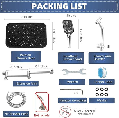 14" High Pressure Rain/Rainfall Shower Heads With Handheld Spray Combo (3+1 Settings & Built-in Power Wash Mode), Double/Dual Shower Head With Handheld - Height/Angle Adjustable(Polished Chrome)
