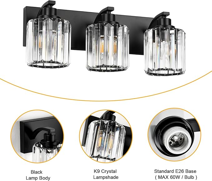 3 Lights Crystal Bathroom Vanity Light Modern Black Bathroom Light Fixture Over Mirror Vanity Lights for Bedroom,Restroom,Hallway E26 Base