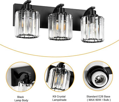3 Lights Crystal Bathroom Vanity Light Modern Black Bathroom Light Fixture Over Mirror Vanity Lights for Bedroom,Restroom,Hallway E26 Base