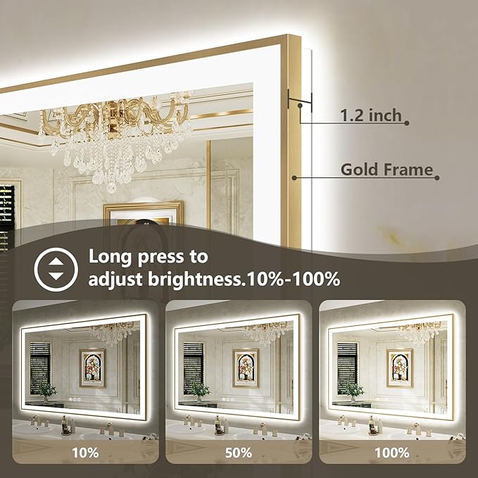 72x40 Inch LED Bathroom Mirror with Lights (Front Lit and Backlit) Gold Framed Lighted Vanity Mirror for Bathroom Wall Dimmable Anti-Fog Memory Tempered Glass Horizontal/Vertical