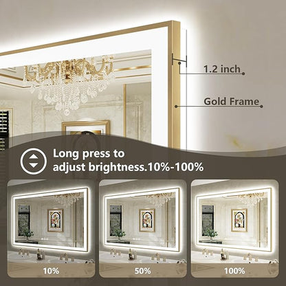 66x40 Inch LED Bathroom Mirror with Lights (Front Lit and Backlit) Gold Framed Lighted Vanity Mirror for Bathroom Wall Dimmable Anti-Fog Memory Tempered Glass Horizontal/Vertical