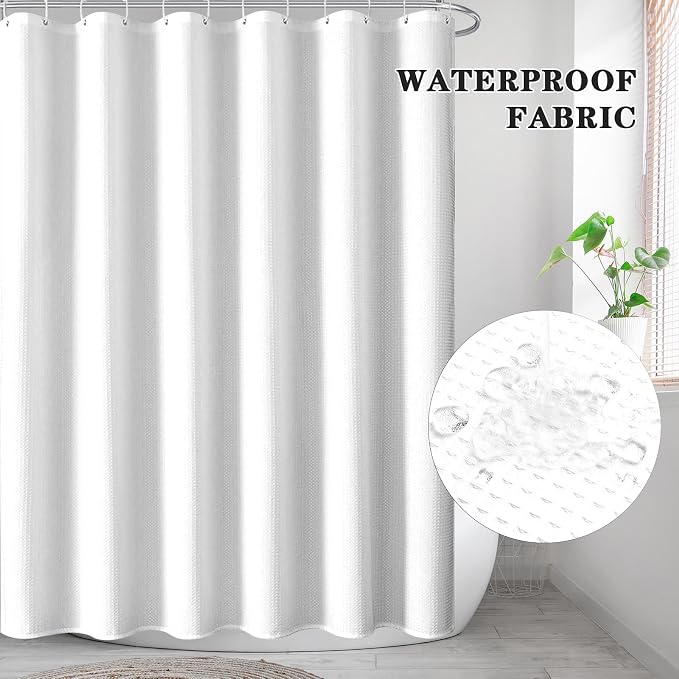 Shower Curtain Set, for Bathroom Decor 72" x 72", Modern White | White Waffle Textured Solid Waffle Textured Cloth Waterproof Matching Window Shower Curtain 36 x 30 Inches