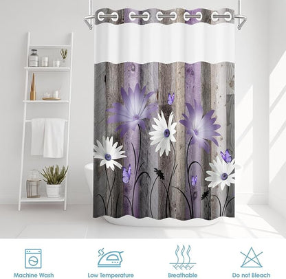 No Hook Shower Curtain with Snap in Liner 71x74 Inch Purple Rustic | Daisy Butterfly Farmhouse Modern Double Layers Waterproof Fabric with See Through Top Window Open Grommet Bath Curtain