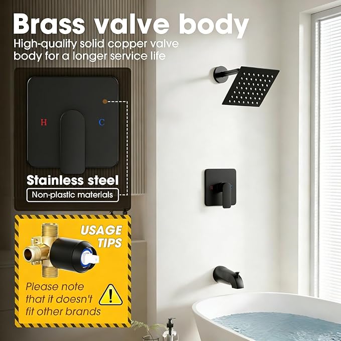 Shower Faucet Set Bathtub Faucet Set with Valve Included Shower Valve Kit with All-Metal High Flow Tub Spout,6 Inch High Pressure Head,Solid Brass Valve Body and Metal Handle Trim,Black