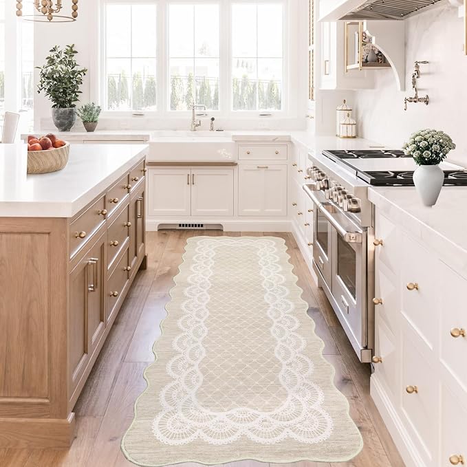 GarveeHome Hallway Rug 2x6 Scalloped Kitchen Runner Rug, Non-Slip Modern Bordered Bedside Rug, Non-Shedding Scalloped Carpet Runner for Laundry Room, Bedroom, Living Room, Beige