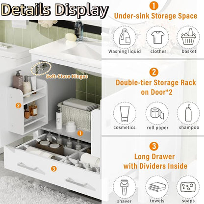 36" Freestanding Bathroom Vanity with Sink, Floor Stand Bathroom Storage Cabinet with Ceramic Sink, Doors with Double-Layered Storage Shelves, Modern Compact Vanity with Divided Drawer, White