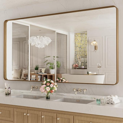 LOAAO 84X32 Inch Bathroom Mirror with Wood Grain Colored Metal Frame | Rounded Rectangle Metal Framed, Anti-Rust, Hangs Horizontally or Vertically, Tempered Glass