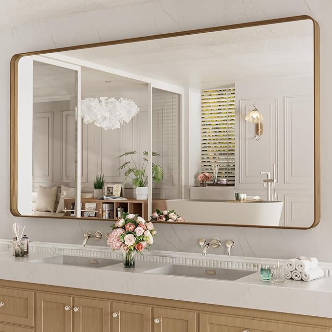 LOAAO 72X32 Inch Bathroom Mirror with Wood Grain Colored Metal Frame | Rounded Rectangle Metal Framed, Anti-Rust, Hangs Horizontally or Vertically, Tempered Glass
