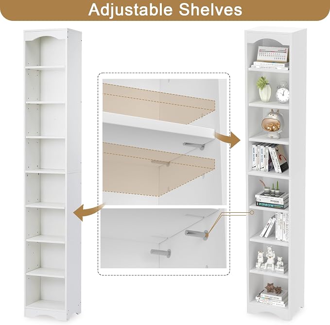 VECELO Curved Top Narrow Tall Bookshelf, 6 Adjustable Movable Shelves, Wood Space Saving Corner Storage Organizer, Pearl White