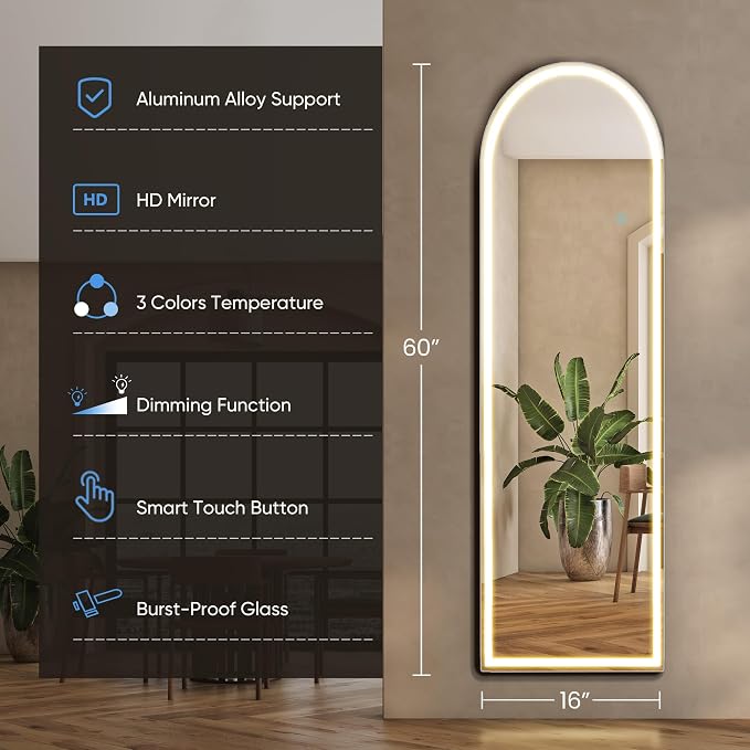 DUMOS Arched LED Mirror Full Length Standing, 16"x60" Full Body Wall Mirror | LED Lights 3 Color Lighting and Shatterproof Tempered Glass, Wall Hanging or Leaning, Floor Standing, Modern Home Decor