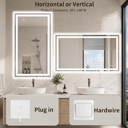 28"x48" LED Bathroom Mirror with Lights, Anti-Fog, Backlit+Frontlit | CRI 95, Stepless Dimmable, 3 Colors Lighting, Shatterproof Tempered Glass, HD Reflection, Memory, (Horizontal/Vertical)