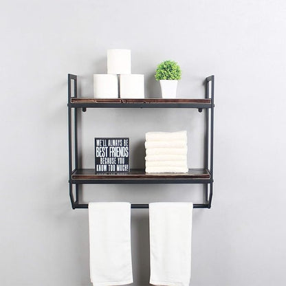 2-Tier Metal Industrial 23.6" Bathroom Shelves Wall Mounted,Rustic Wall Shelf Over Toilet,Towel Rack with Towel Bar,Utility Storage Shelf Rack, Floating Shelves Towel Holder,Retro Black