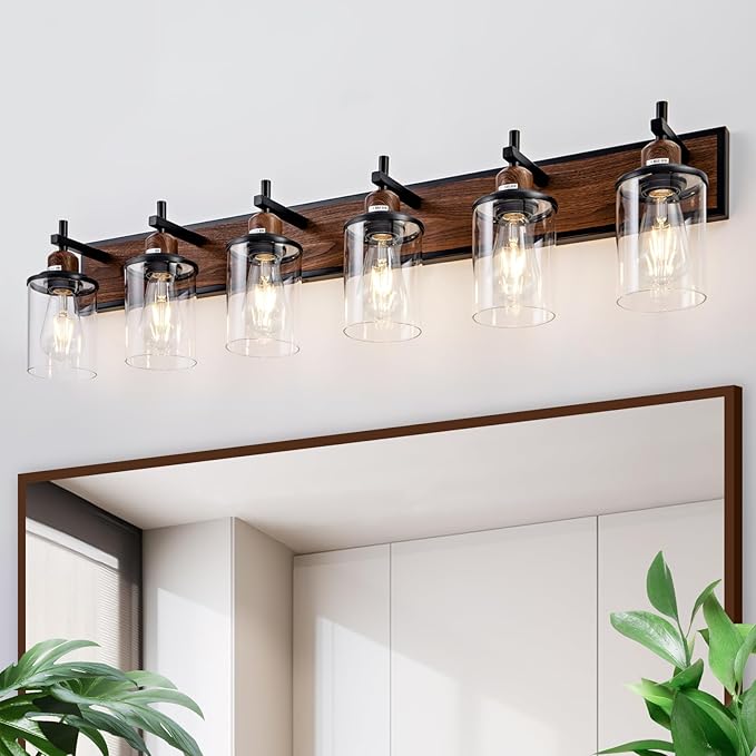 6-Light Farmhouse Bathroom Light Fixtures Vintage Bathroom Vanity Lights Over Mirror Black and Wood Painted Metal Vanity Light for Bathroom with Glass Shades E26 Socket