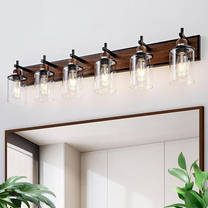 6-Light Farmhouse Bathroom Light Fixtures Vintage Bathroom Vanity Lights Over Mirror Black and Wood Painted Metal Vanity Light for Bathroom with Glass Shades E26 Socket