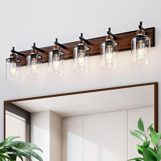 6-Light Farmhouse Bathroom Light Fixtures Vintage Bathroom Vanity Lights Over Mirror Black and Wood Painted Metal Vanity Light for Bathroom with Glass Shades E26 Socket