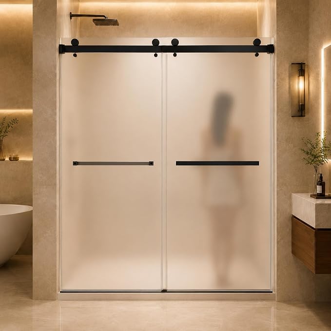 Frosted Sliding Shower Door, 56-60" W x 76" H-1/4” (6mm), Frosted Glass Shower Door with 4" Left Adjustable Width, 304 Stainless Steel Hardware, Quiet Rollers, Bottom Water Seal, Matte Black