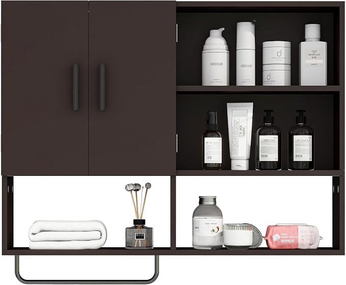 Bathroom Wall Cabinet, Medicine Cabinet with Towel Bar & 2 Doors, Espresso