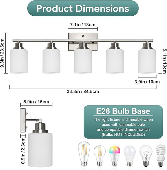 Ascher Bathroom Light Fixtures, 5-Light Vanity Light Over Mirror, Brushed Nickel Wall Sconces with Milky White Frosted Glass Shades, Wall Lamp for Living Room Bedroom, E26 Base(Bulbs Not Included)