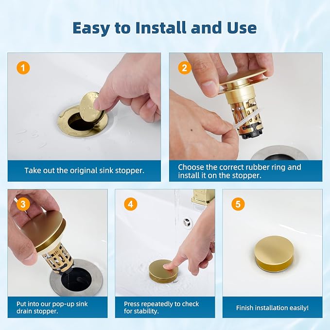 Hibbent 2 Pack Upgraded 3 in 1 Bathroom Sink Drain Strainer, Pop Up Sink Stopper with Big Cap, Anti-Clogging Metal Filter Basket,Sink Plug with Hair Catcher for 1.1''~2.36'' Basin, Brushed Gold