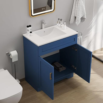 30 Inch Bathroom Vanity, Wooden Double Door Bathroom Sink Storage Cabinet, Freestanding Modern Bathroom Vanity Without Sink (Blue No Sink, 30")