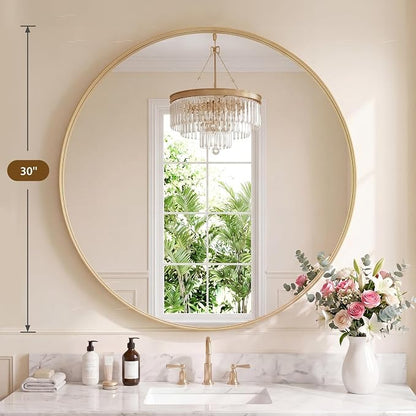 Sweetcrispy 30 Inch Round Bathroom Wall Mirror, Circle Vanity Mirror | for Bathroom Sink, Matte Metal Frame, Home Decor Living Room, Bedroom Hang Mount, Gold
