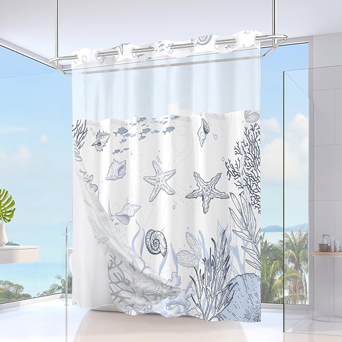 Extra Long No Hook Shower Curtain with Snap in Liner, Beach Ocean Nautical Coastal Shower Curtains and Liner Set for Bathroom, Seashell Fabric Bath Curtain, Waterproof Washable, Grey 71"x84"