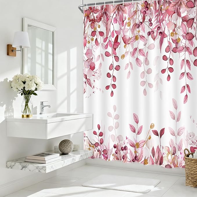 Pink Eucalyptus Shower Curtain, Watercolor Plants Foliage Floral Bathroom Curtains, Cottagecore Botanical Leaves Waterproof Fabric Cloth Shower Curtain Set with Hooks 72X72 Inch