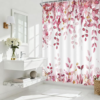 Long Eucalyptus Shower Curtain 72X78 Inch, Pink Watercolor Plants Leaves Floral Tall Bathroom Curtains, Botanical Foliage Waterproof Fabric Cloth Shower Curtain Set with Hooks