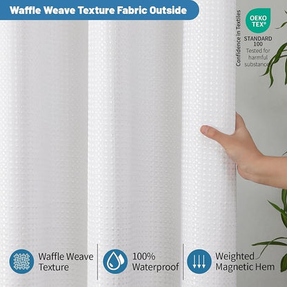 2-in-1 Waterproof Fabric Shower Curtain - No Separate Liner Needed, Hotel-Style Waffle Weave, Effortless Cleaning & Washable Bathroom Shower Curtain Set,72Wx72H,White
