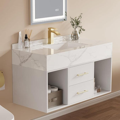Bathroom Vanity with Sink, 39.3" Floating Bathroom Vanity Set Modern Wall-Mounted Cabinet with Sintered Stone Countertop, Undermount Sink & White Finish, Easy to Clean