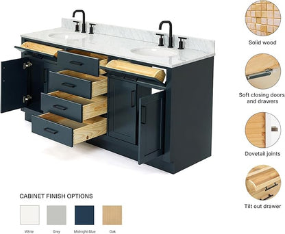 ARIEL Hepburn 72-inch Bathroom Vanity with Sink,Solid Wood, 0.75-inch Italian Carrara Marble Countertop, Double Oval Porcelain Sink, 4 Soft Closing Doors, 6 Dovetail Drawers, Midnight Blue