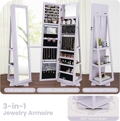 GOFLAME 360° Rotating Jewelry Armoire, Lockable Jewelry Cabinet with Full-Length Mirror & Inner Makeup Mirror, Standing Jewelry Storage Organizer with Rear Storage Shelves, Lavender