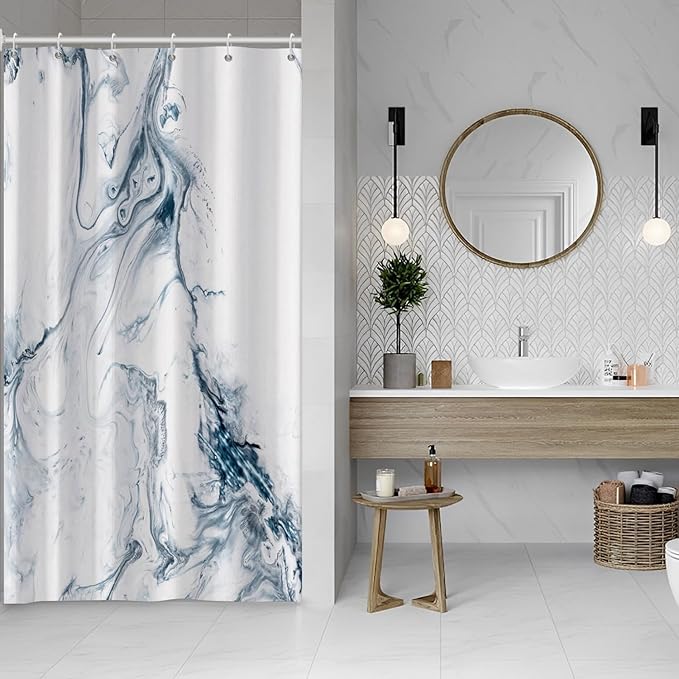 Blue and White Shower Curtain, Modern Ombre Blue Marble Shower Curtain Set with Hooks Aesthetic Waterproof Bathroom Decor, 48x72 Inch