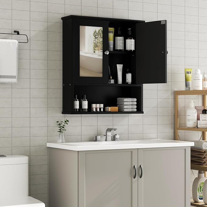Shintenchi Bathroom Medicine Cabinet with Mirror, Wall Mounted, Black | Over The Toilet Cupboard, Adjustable Shelf, Open & Concealed Storage, 2 Magnet Doors, Space-Saving, Easy to Clean
