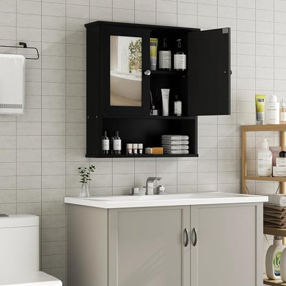 Shintenchi Bathroom Medicine Cabinet with Mirror, Wall Mounted, Black | Over The Toilet Cupboard, Adjustable Shelf, Open & Concealed Storage, 2 Magnet Doors, Space-Saving, Easy to Clean