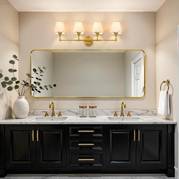 Gold Bathroom Vanity Light Fixtures: Brushed Gold Vanity Lights Over Mirror with Flared Fabric Shade, Modern Bathroom Lighting Fixtures, 4 Light Wall Sconces Lights for Bedroom Hallway Living Room