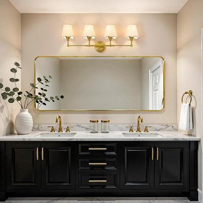 Gold Bathroom Vanity Light Fixtures: Brushed Gold Vanity Lights Over Mirror with Flared Fabric Shade, Modern Bathroom Lighting Fixtures, 4 Light Wall Sconces Lights for Bedroom Hallway Living Room
