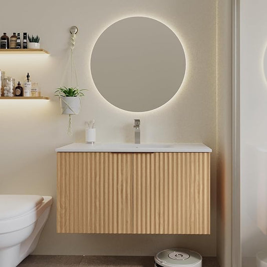 Modern Bathroom Vanity with Sink, Floating Wall Mount Cabinet with Wavy Textured Doors, Waterproof Storage for Small Bathroom, Soft-Close Design, Nature Wood (36")