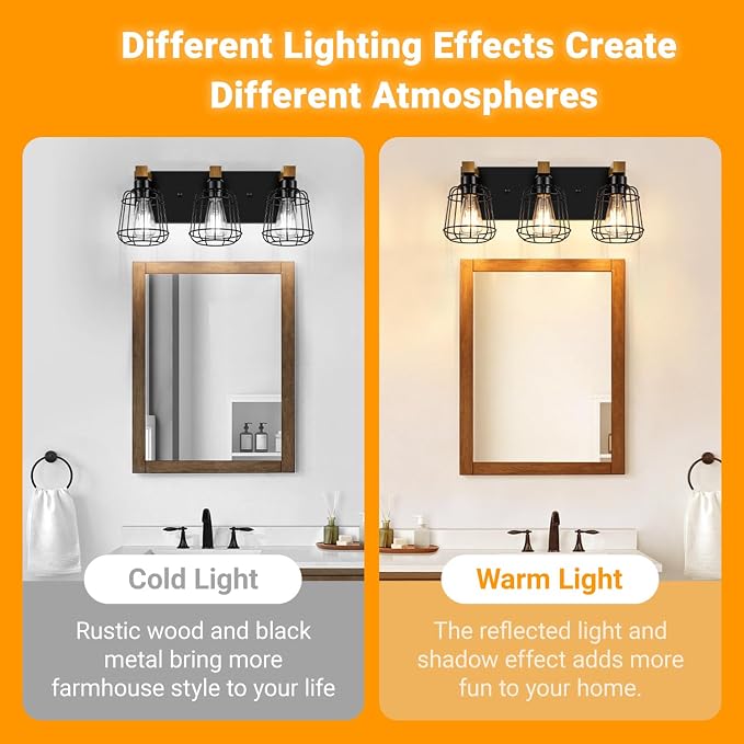 Dpyrrhic 3-Light Bathroom Light Fixtures, Wood Bathroom Wall Lights, Modern Bathroom Vanity Light with Cage Metal Shade, Bathroom Wall Lamp for Mirror Kitchen Bedroom Living Room