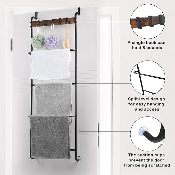 Over The Door Towel Rack Bathroom Behind Door Towel Holder with Hooks 5 Tier Over The Door Towel Bar Hanger Organizer for Bathroom Bedroom Bathroom Accessories, Metal (Black)