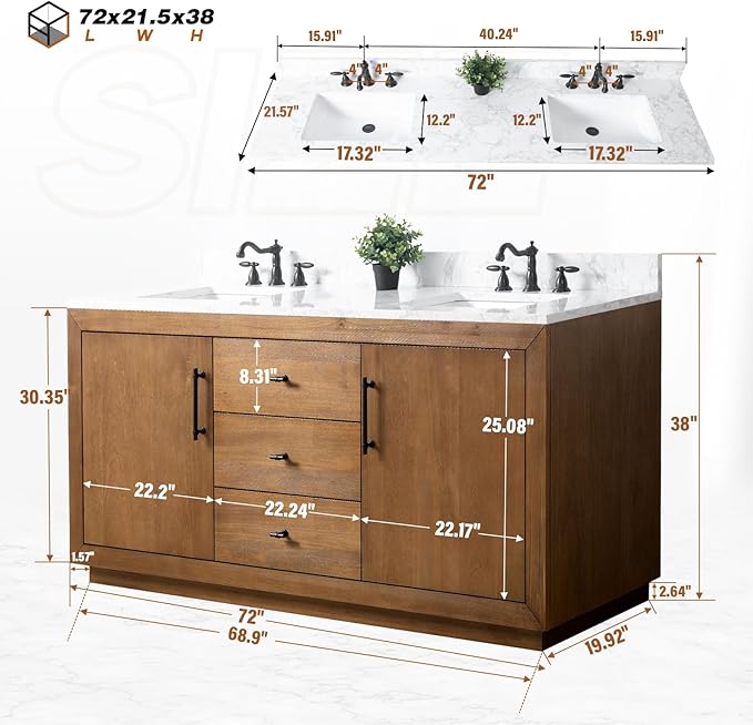 HOMEBEYOND 72" Bathroom Vanity with Double Sink & Ceramic Top, MDF Material Vanity Cabinet with Basin Combo, Soft-Closing Doors, Removable Shelf, Backsplash, Tan