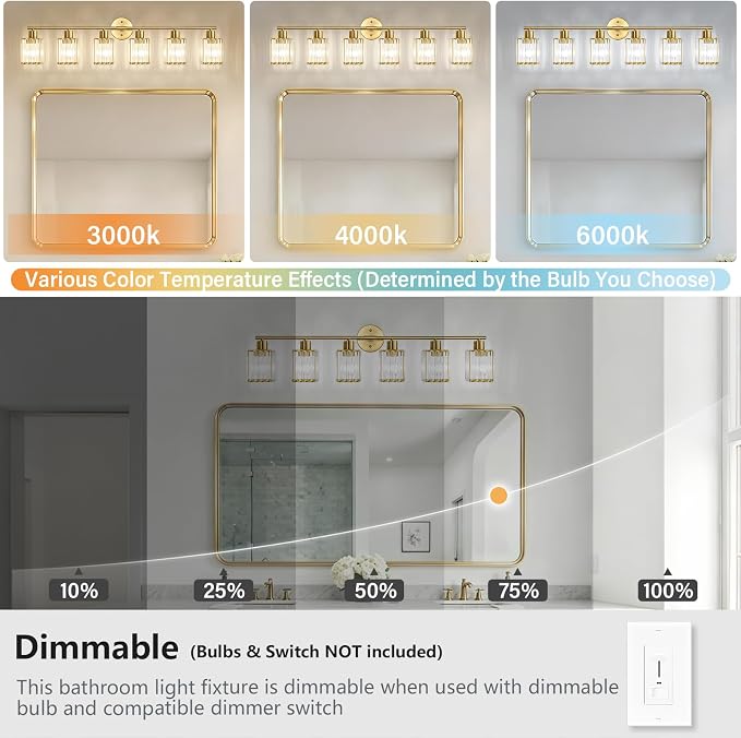 6 Light Bathroom Light Fixtures, Modern Crystal Vanity Lights over Mirror | Metal Frame, Bathroom Light with Square Crystal Shade, ETL Certified, E26 Ceramic Socket, Bulbs Not Included