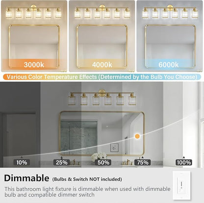 6 Light Bathroom Light Fixtures, Modern Crystal Vanity Lights over Mirror | Metal Frame, Bathroom Light with Square Crystal Shade, ETL Certified, E26 Ceramic Socket, Bulbs Not Included