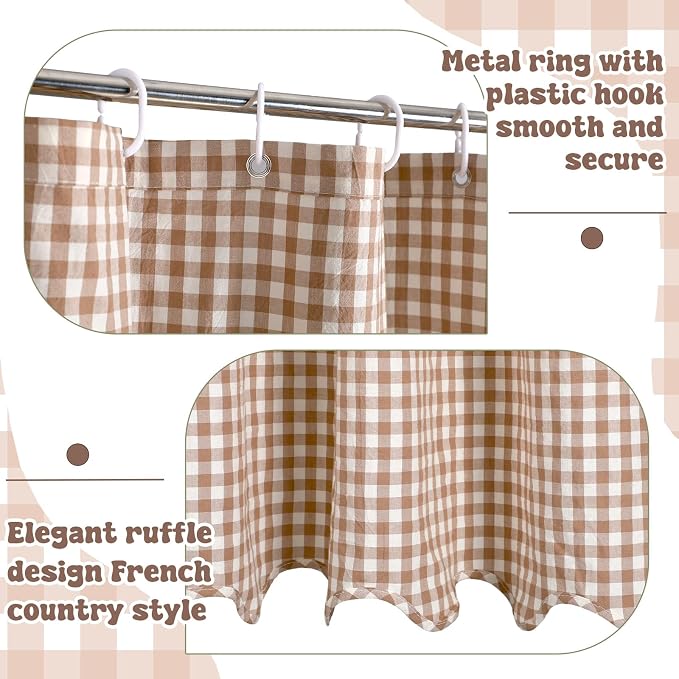 HunnmingRe Scalloped Gingham Shower Curtain Taupe | 72'' x 72'' Vintage Farmhouse Curtain, Cotton Cottage Core Rural Checkered Plaid Decor, Fall Shower Curtain for Bathroom