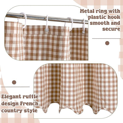 HunnmingRe Scalloped Gingham Shower Curtain Taupe | 72'' x 72'' Vintage Farmhouse Curtain, Cotton Cottage Core Rural Checkered Plaid Decor, Fall Shower Curtain for Bathroom