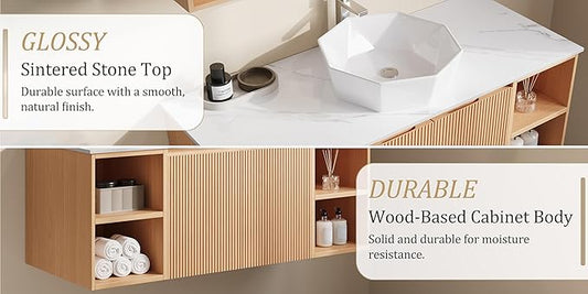 48" Floating Bathroom Vanity with Sink, Modern Vanity Cabinet with Sintered Stone Countertop, Wall Mount Bathroom Sink with Storage, Ceramic Basin, Light Wood (Polygon)